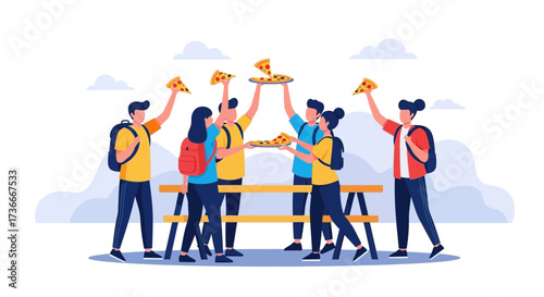 Group Of Friends Celebrating With Pizza Outdoors Near A Picnic Table Illustration