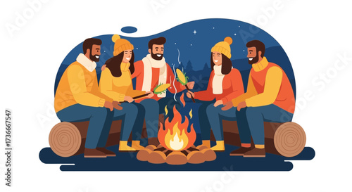Group of friends enjoying a campfire on winter night, cooking corns and having fun