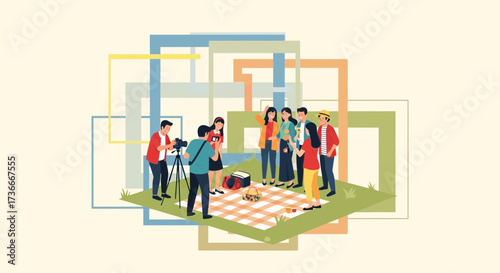 Group Of Friends Enjoying A Picnic And Being Photographed During A Lovely Evening