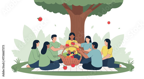 Group of Friends Enjoying a Picnic and Sharing Food under the Shade of a Tree