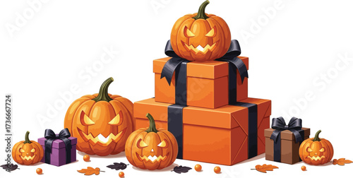 Spooky halloween gifts with jack o'lanterns and presents for a festive celebration