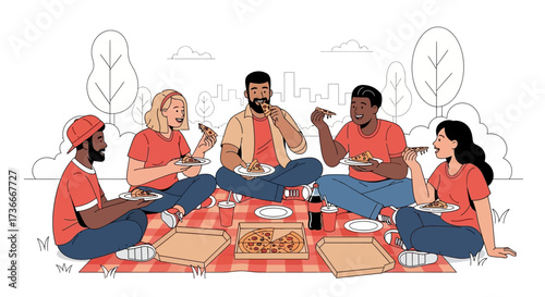 Group Of Friends Enjoying Pizza Together Outdoors In A Casual Social Gathering