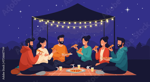 Group of Friends Enjoying Pizza Under a Tent at Night with Beautiful Lights