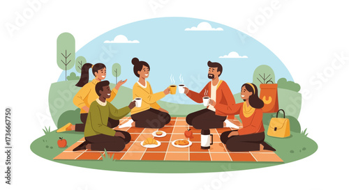 Group Of Friends Enjoying Time Together In Park With Hot Beverages and Food Items.