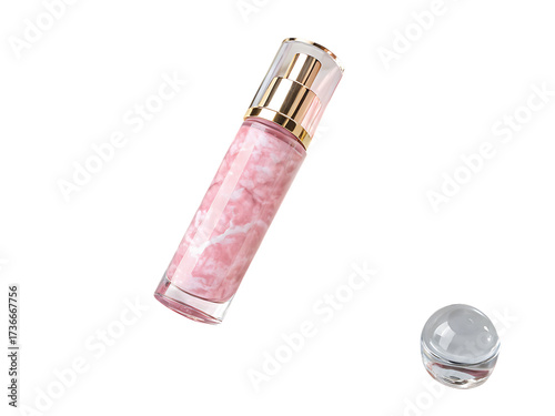 Elegant pink glitter perfume bottle with golden cap and clear droplet isolated on transparent background
