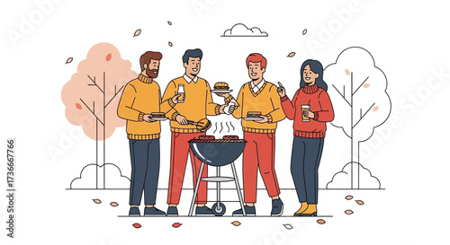 Group of friends enjoys a barbecue outside in the autumn season during the weekend
