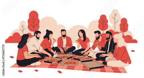 Group Of Friends Gathered For Picnic To Enjoy Pizza Outdoors In Autumnal Ambiance