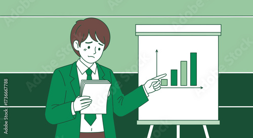 Financial Failure Presentation: A Depressed Businessman Reviews Disappointing Growth Metrics