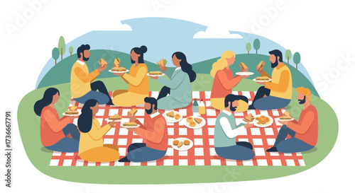 Group Of Friends Having A Delightful Meal Outdoors, Picnic Time, Sharing Moments