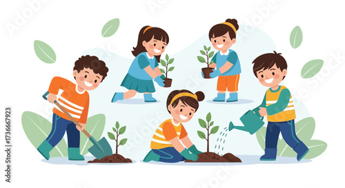 Group of happy children planting trees together to help protect the environment for the future