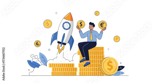 Financial Growth: Rocketing Profits, Investment Success, and Currency Exchange Illustration