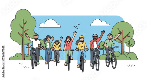 Group of happy people cycling together on a sunny day, waving their hands to the camera