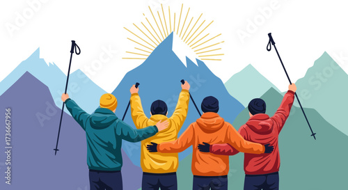 Group of hikers celebrating success on top of a mountain with arms raised high