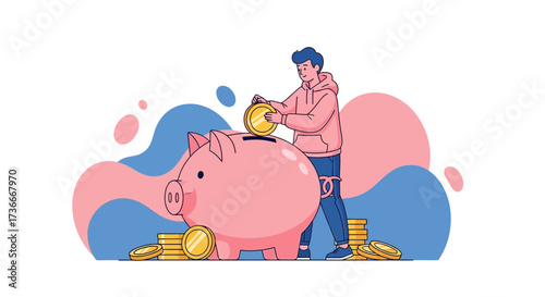 Financial Planning: Person Depositing Coin Into Pink Piggy Bank Concept Illustration