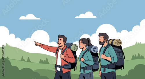 Group of hikers enjoying the outdoors exploring nature with backpacks in a sunny day