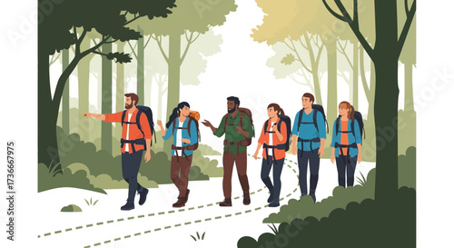 Group of hikers exploring a forest together on a sunny day, adventure travel