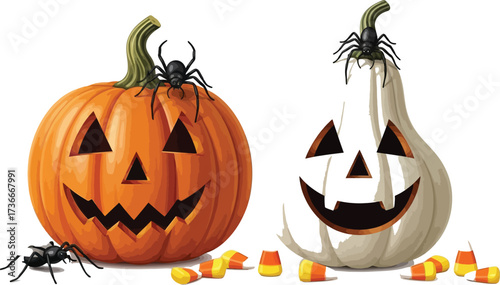 Halloween pumpkins with spiders and candy corn for spooky autumn holiday fun