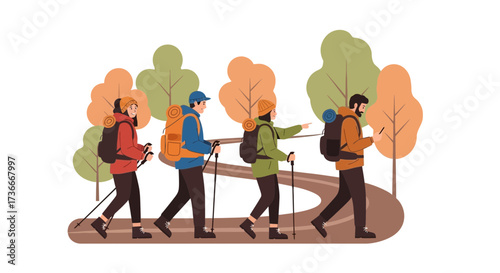 Group of hikers hiking on a trail through a forest depicted in a flat illustration format