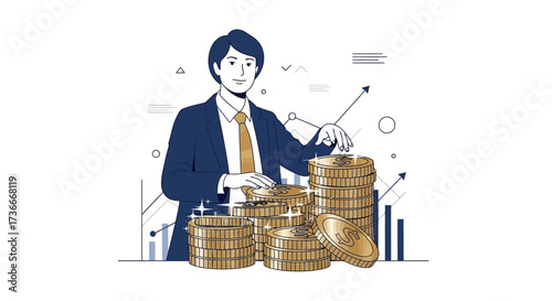 Financial Prosperity Depicted A Man And Accumulating Gold Coins And Positive Financial Growth