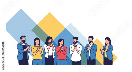 Group Of People Applauding, Celebrating Success, With Geometric Abstract Background