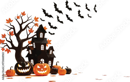 Spooky halloween scene with haunted house pumpkins bats and autumn leaves decoration