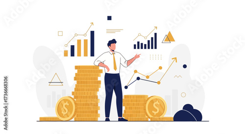 Financial Success Depicted: A Businessman Surrounded By Piles Of Coins And Growth Charts