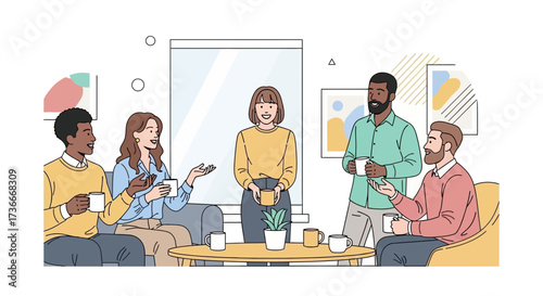 Group of People Enjoying Coffee Break and Socializing in a Modern and Cozy Setting