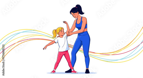 Fitness Instructor Guiding Child In Simple Exercise Routine With Abstract Colorful Lines