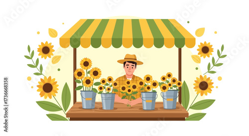 Floral Stall With A Cheerful Vendor Displaying Golden Sunflowers For Sale