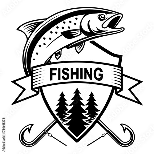 Fishing logo design with trout fish trees hooks and shield vector illustration for outdoor adventures