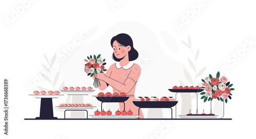 Florist arranging flowers for an event, illustration of a woman at a flower shop