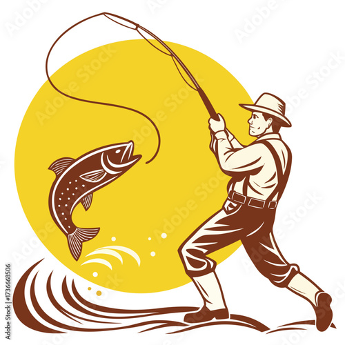 Vintage fishing illustration featuring fisherman catching fish with rod and reel in retro style design