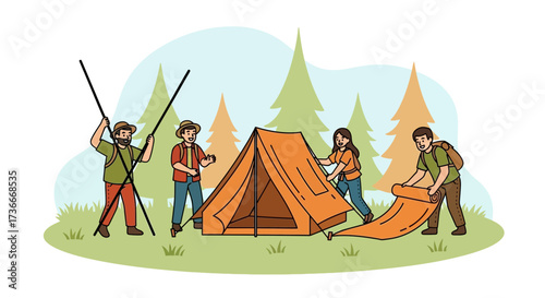 Group of people setting up a tent in nature for a camping trip outdoors