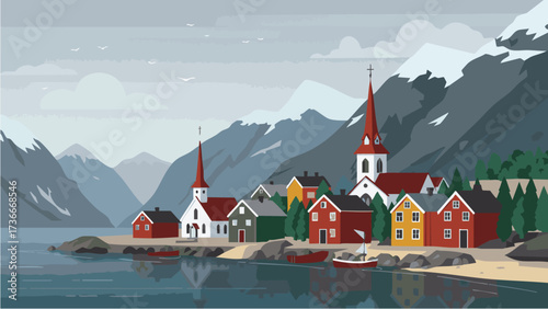 Scandinavian Coastal Town with Fjord and Mountains