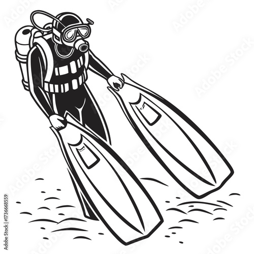 Explore underwater world: scuba diving gear, diver with fins and oxygen tank vector illustration art