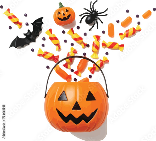 Spooky halloween pumpkin bucket overflowing with candy and decorations on white background