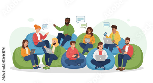 Group of people working with laptops and tablets while sitting on beanbag chairs