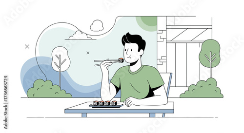 Guy Enjoying Sushi Outdoors With Minimalist Illustration And Modern Style