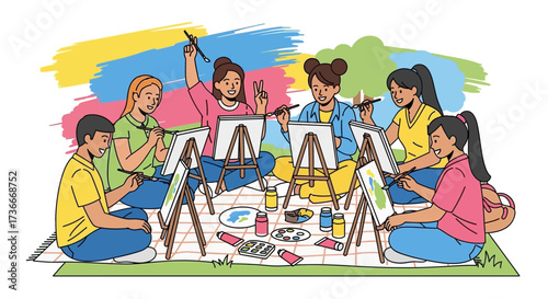 Happy Artists Painting Together Outdoors on Sunny Day, Expressing Creativity and Joy