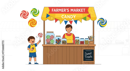 Happy Boy Choosing From An Array Of Confections At The Colorful Candy Stall