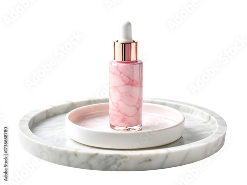 Elegant pink dropper bottle serum with rose petal inclusions on marble tray isolated on transparent background