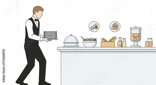 Formal Server Carrying Plates Near Buffet Table With Food and Drinks Presentation