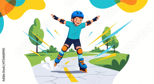 Happy boy rollerblading in the park feeling free and having fun on a sunny day
