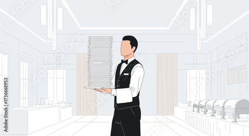 Formal Service Staff Preparing For Event Serving At Banquet Hall, Elegant