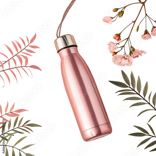 Elegant rose gold insulated water bottle with delicate floral accents isolated on transparent background