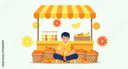 Fresh Citrus Market: A Cheerful Illustration of A Man Preparing Oranges for Juice