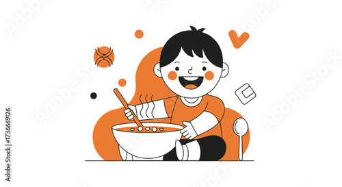 Happy Child Cooking And Enjoying A Meal With Joy And Happiness In A Minimalist Style