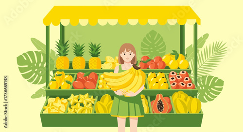 Fresh Fruit Display in Vector Style Featuring a Young Woman Holding Bananas