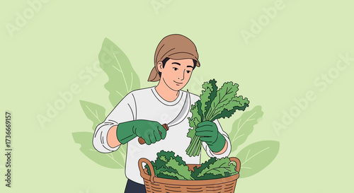 Fresh Greens Harvest: A Dedicated Gardener Preparing Vegetables in a Woven Basket