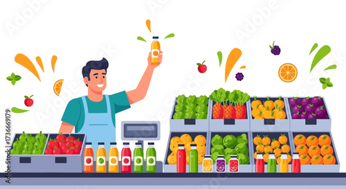 Fresh Healthy Juice And Fruit Market Stall Ready For Business, Healthy Food Vector Illustration